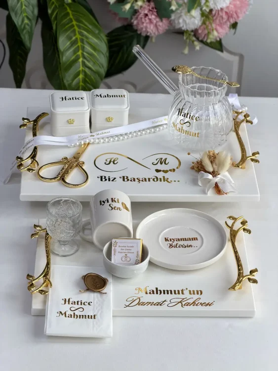 Sonsuzluk model mermer tepsi seti damat kahvesi sunumu