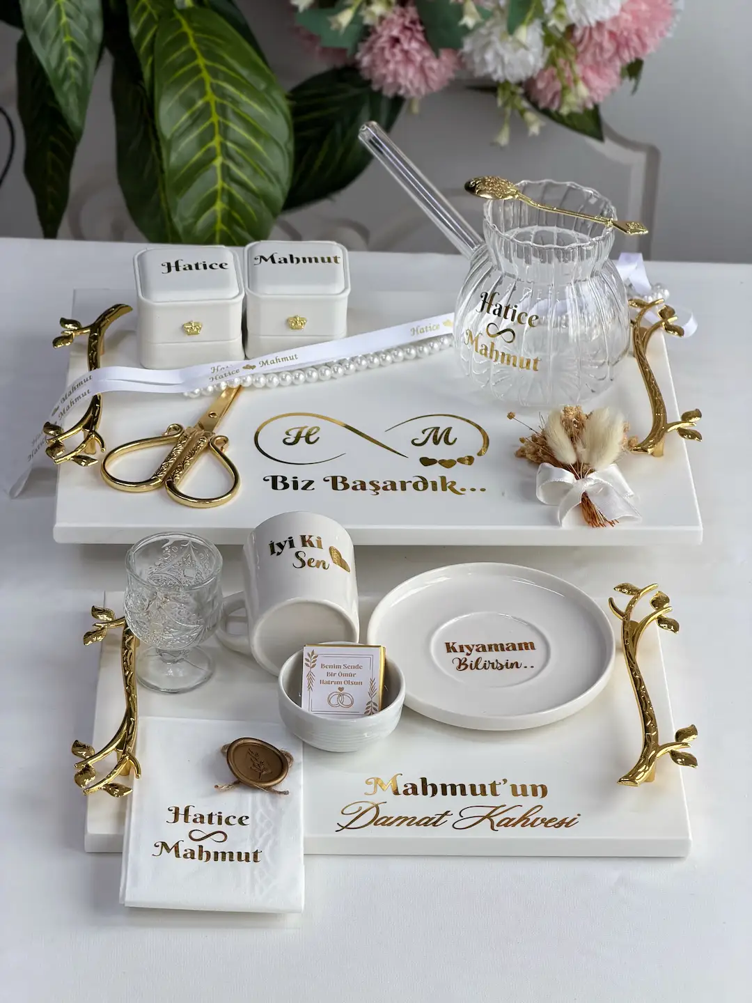 Sonsuzluk model mermer tepsi seti damat kahvesi sunumu