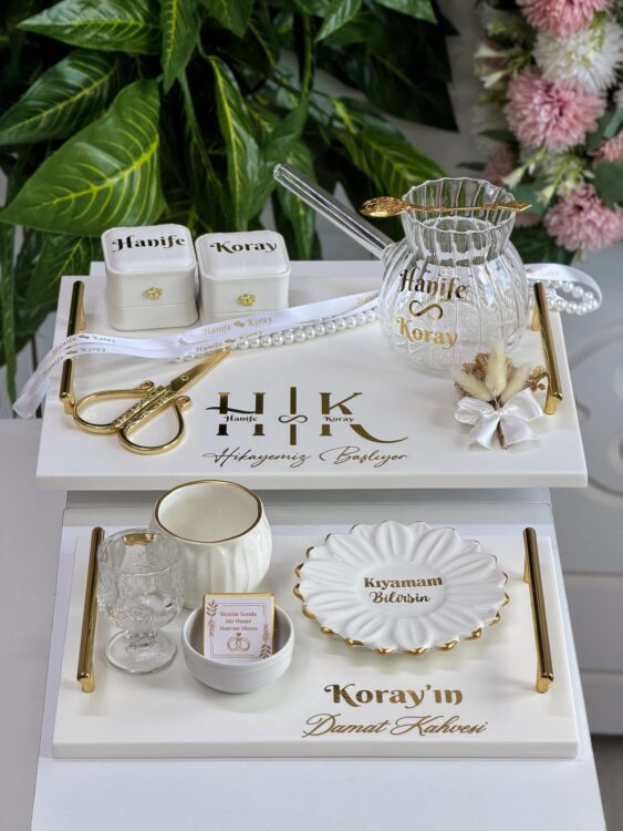 Harfli mermer tepsi seti damat kahvesi modeli