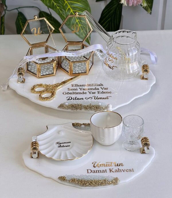 İnci Detaylı Epoksi Söz Tepsisi Damat Kahvesi Seti modeli