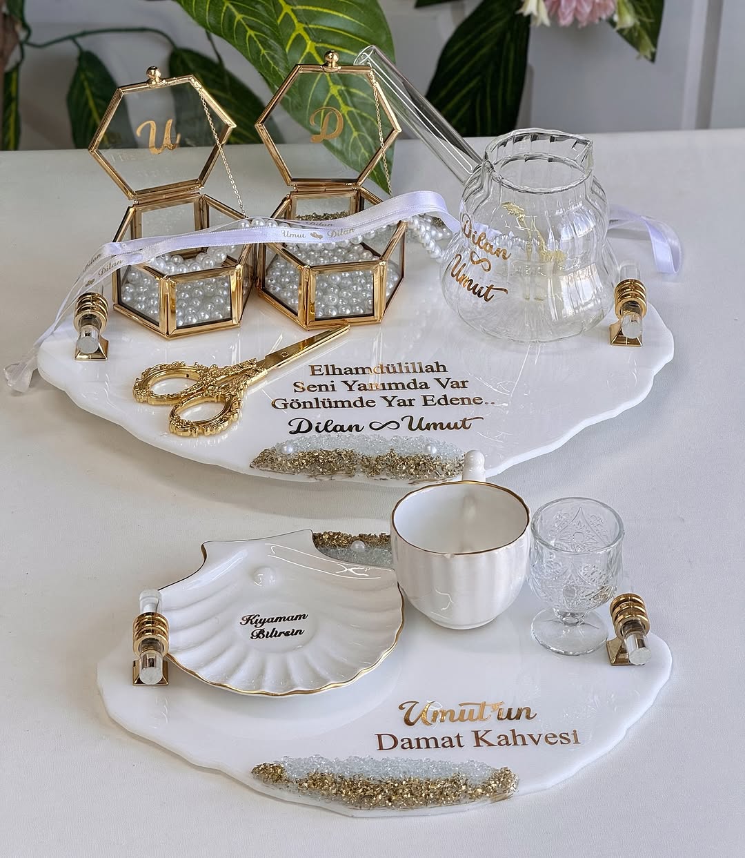 İnci Detaylı Epoksi Söz Tepsisi Damat Kahvesi Seti modeli