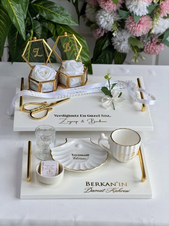 mermer tepsi seti beyaz gold altıgen cam kutulu