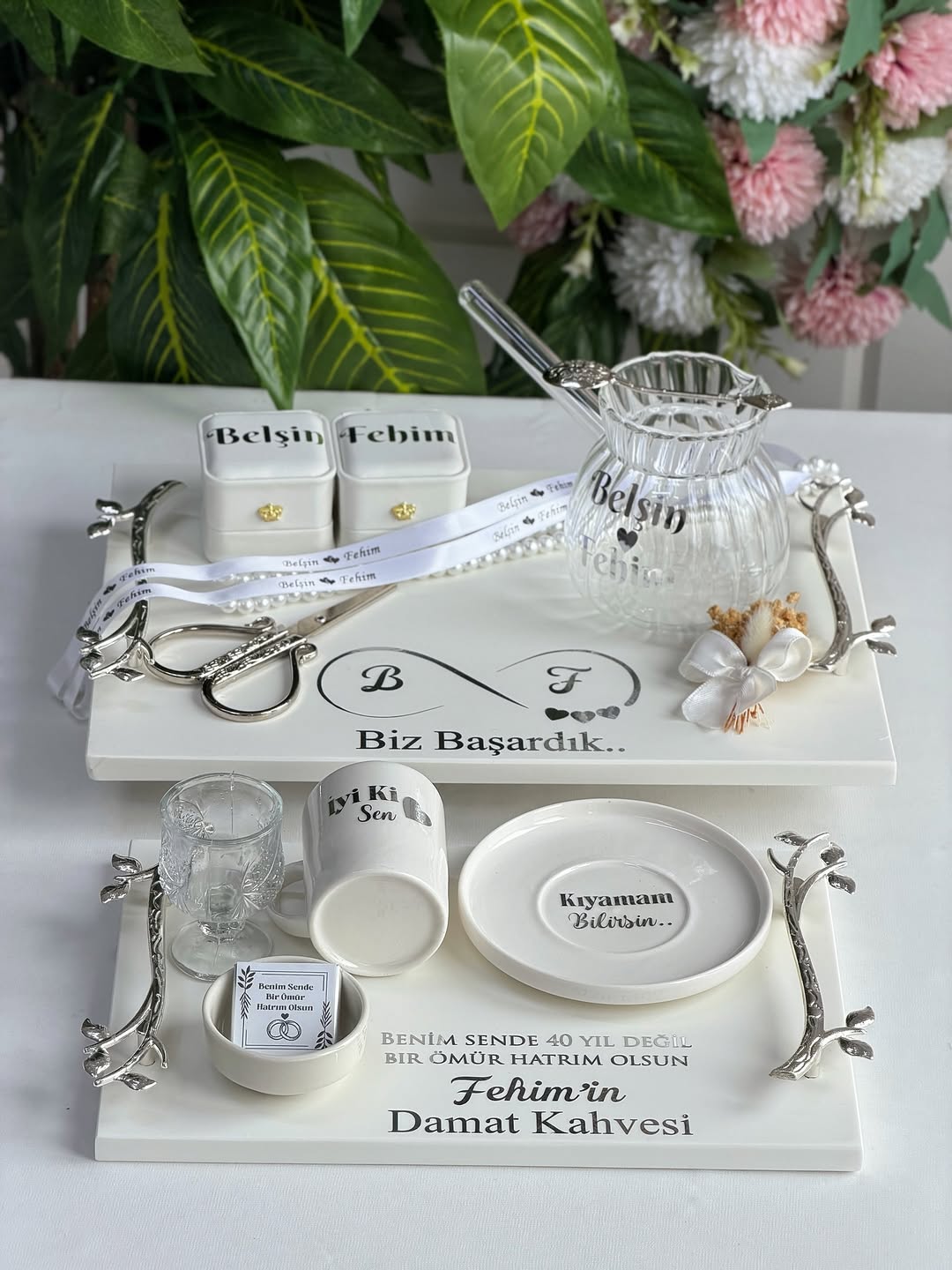 Gümüş yaprak model mermer tepsi seti damat kahvesi sunumu