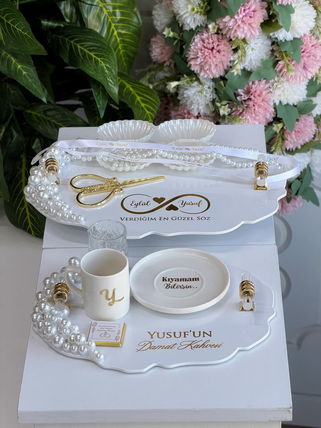 Premium İnci Pleksi Söz Tepsisi Damat Kahvesi Seti modeli